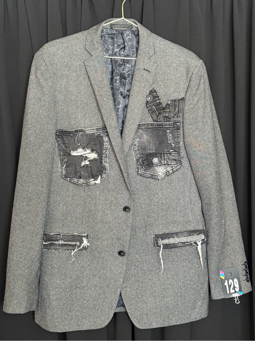 Bar III Gray Herringbone Blazer with Distressed Patch Details